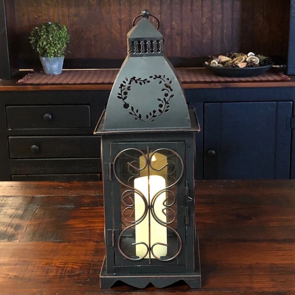 Candle Lantern Holder - Antique Black Heart Lantern - 16in 3 Candle Lantern Holder - Antique Black Heart Lantern - 16in