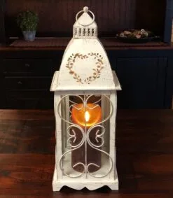 Candle Lantern Holder - Antique Cream Heart Lantern - 16in