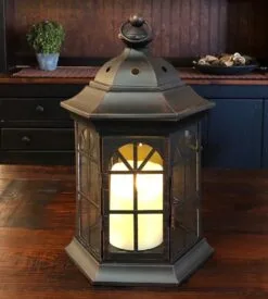 Candle Lantern Holder - Rustic Black Octagonal Lantern - 13.25in