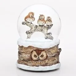Christmas Musical Snow Globe - Owl Family On Log - 6in