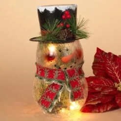 Crackle Glass Snowman Light With Scarf/Top Hat - 9in