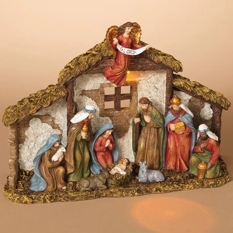 Lighted Nativity Scene - With Creche And Gloria Angel - 12in 3 Lighted Nativity Scene - With Creche And Gloria Angel - 12in