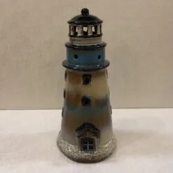 Lighthouse Candle Holder - Natural/Brown/Blue - 9.5in