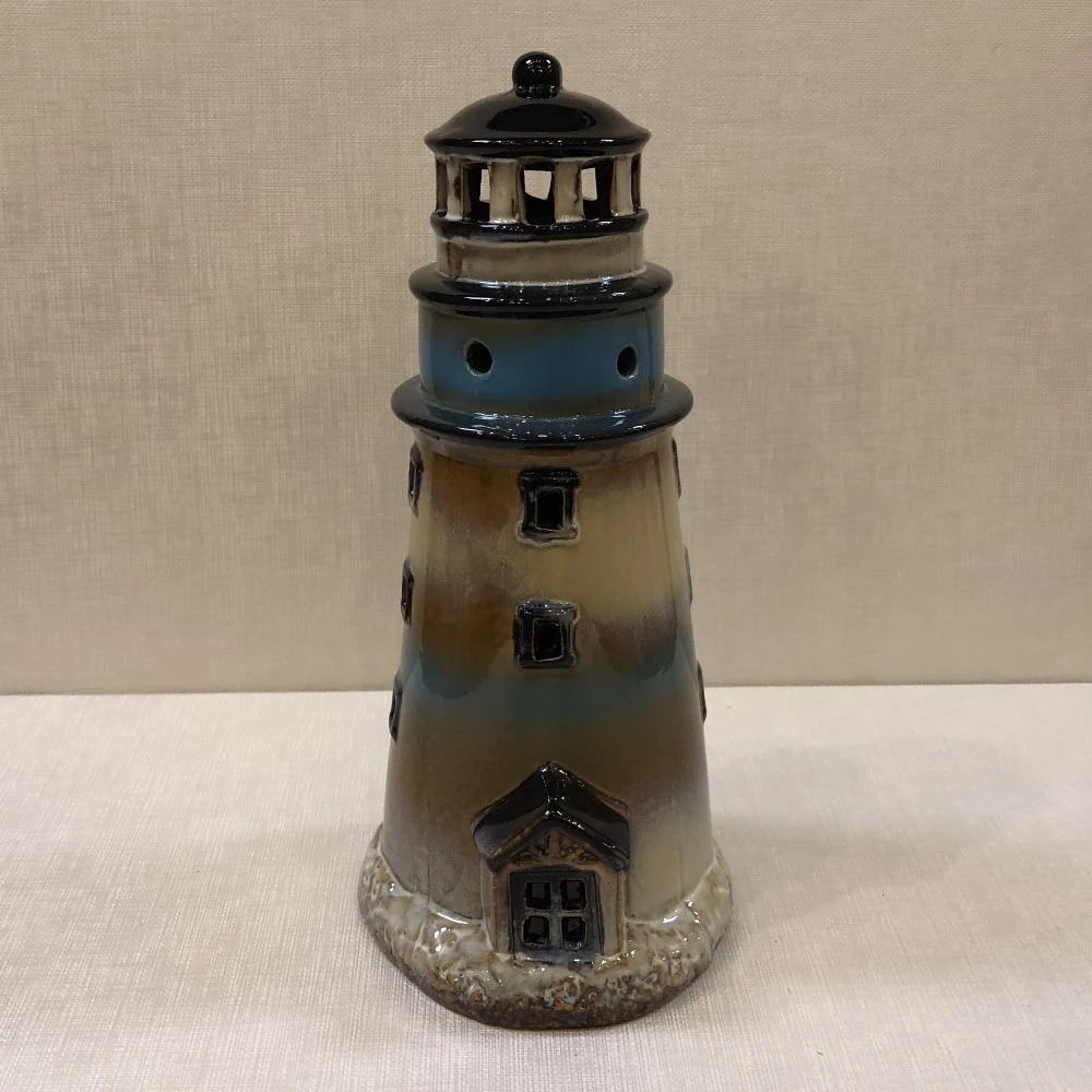 Lighthouse Candle Holder - Natural/Brown/Blue - 9.5in 3 Lighthouse Candle Holder - Natural/Brown/Blue - 9.5in