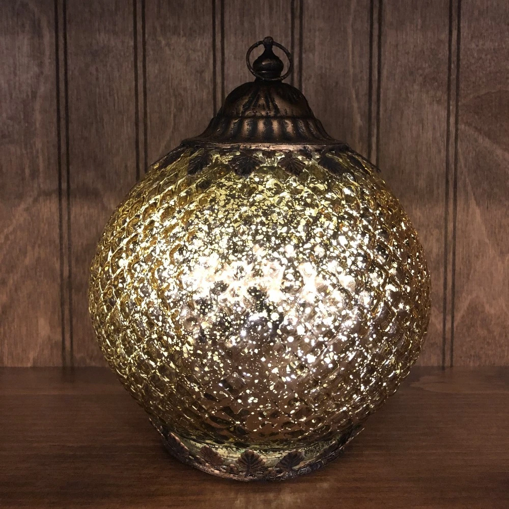 Mercury Glass Lantern - LED Gold - On/Off/Timer - 7in 3 Mercury Glass Lantern - LED Gold - On/Off/Timer - 7in