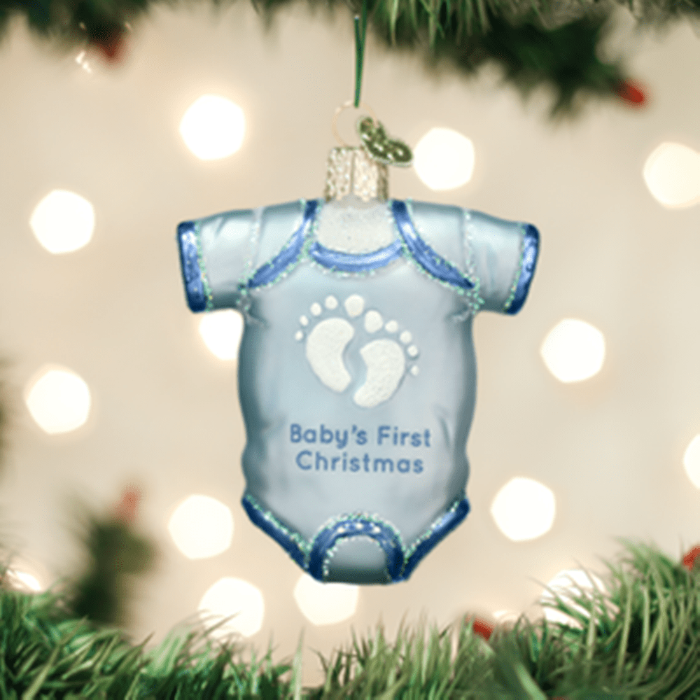 Old World Christmas Glass Ornament - Blue Baby Onesie 3 Old World Christmas Glass Ornament - Blue Baby Onesie