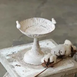 Pillar Candle Pedetal Holder - With Birds - Cream - 8in H