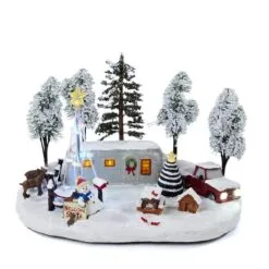 Winter Scene Table Decor - Red Truck And Silver Camper - Muscial